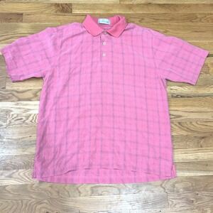 Vintage Pickering Mens Pink Grid Pattern Short Sleeve Polo Shirt Rayon Mix Sz M